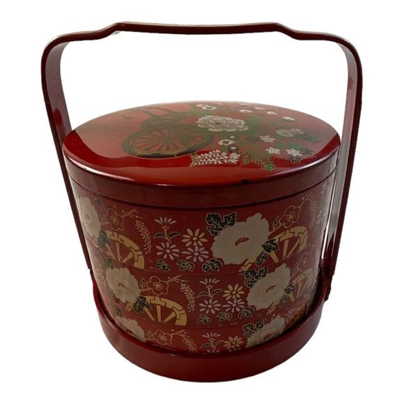 Vintage Retro Bento Box Red Enamel Floral  3 Pieces Lid and Holder - Picture 2 of 14